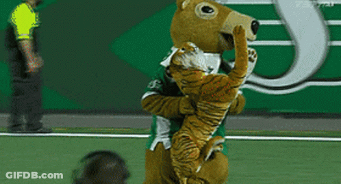 Mascot Holding Stuffed Animal GIF