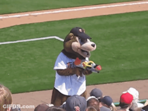 Mascot Holding Water Gun In Front Of Crowd GIF