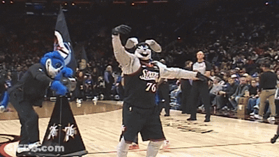 Mascot In 76 Jersey On Basketball Court GIF