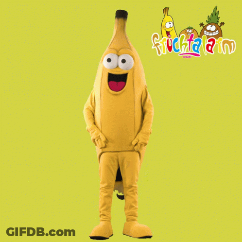 Mascot In Banana Costume In Front Of Fruchaland Sign GIF