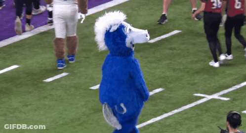 Mascot In Blue And White Horse Costume With Letter U GIF