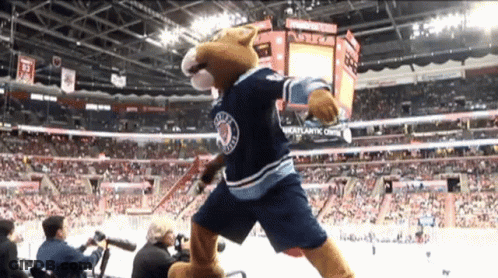Mascot In Blue Jersey Saying Jets GIF