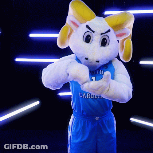 Mascot In Blue Jersey Saying North Carolina GIF
