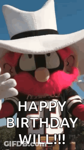 Mascot In Cowboy Hat And Happy Birthday Will Jersey GIF