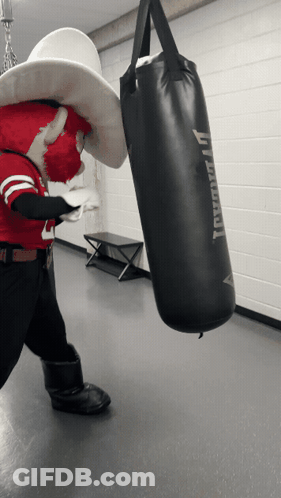 Mascot In Cowboy Hat Holding Punching Bag Saying J. Duran GIF