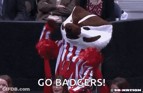 Mascot In Red And White Striped Shirt Held Up By Cheerleaders GIF