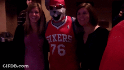 Mascot In Sixers Jersey Posing With Women GIF