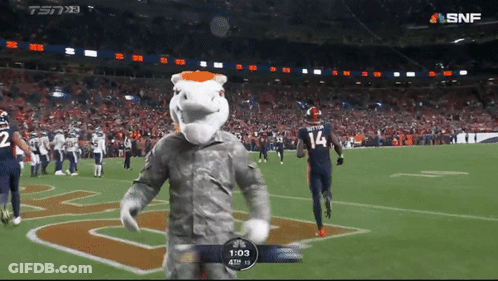 Mascot On Football Field With Player Number 14 GIF