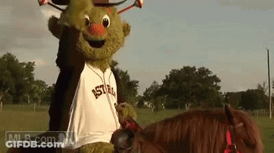 Mascot Riding Brown Horse GIF