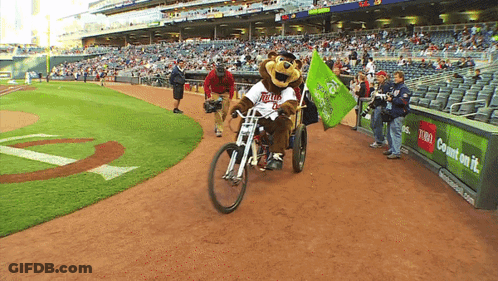 Mascot Riding Motorcycle On Field With Count Sign GIF