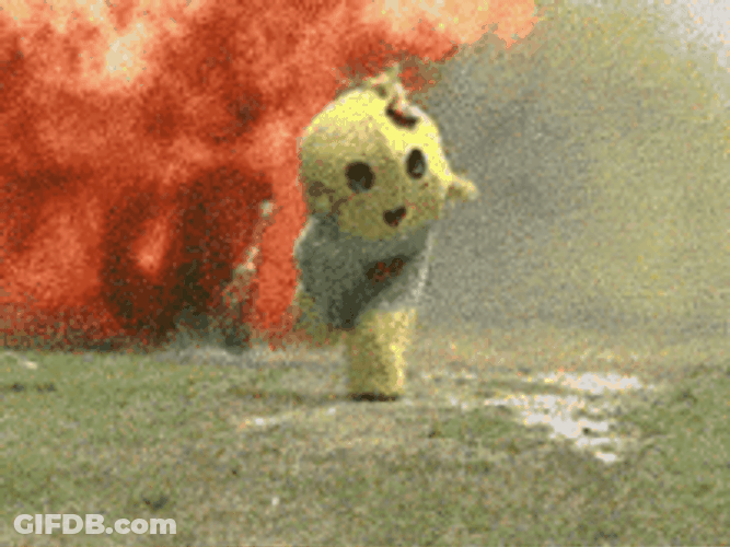 Mascot Running Away From Bombs GIF