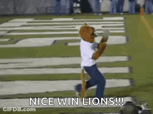 Mascot Running On Football Field Saying Nice Win Lions GIF