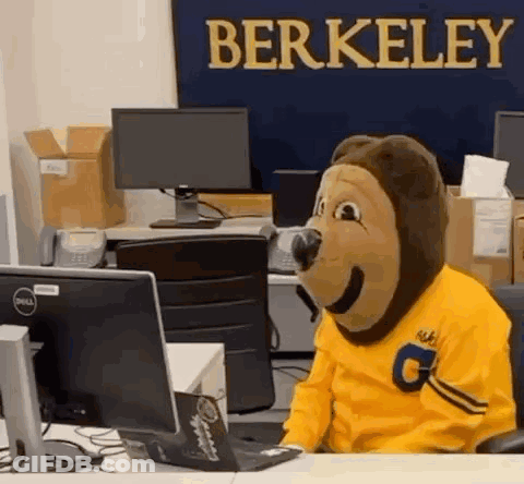 Mascot Sitting At Desk In Front Of Berkeley Sign GIF