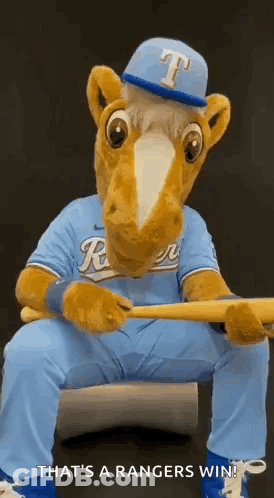 Mascot Sitting On Chair Holding Baseball Bat GIF