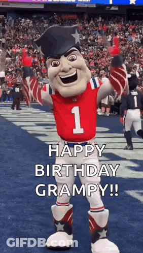 Mascot Standing On Football Field Saying Happy Birthday Grampy GIF