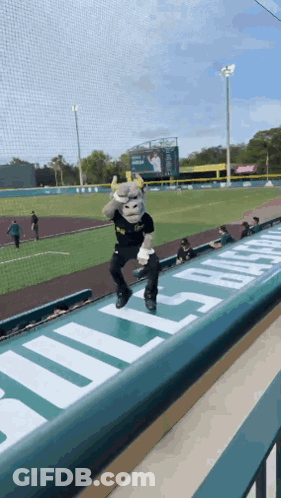 Mascot Standing On Railing In Front Of Stadium Sign GIF