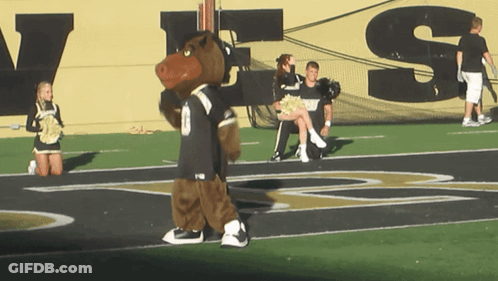 Mascot Walking On Football Field With Cheerleaders Says VS GIF