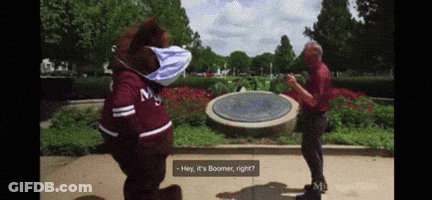 Mascot Wearing Mask Talks To Man In Park GIF