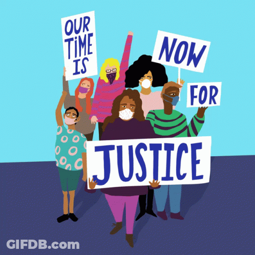Masked Group Holding Our Time Is Now For Justice Sign GIF