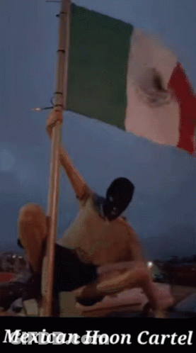 Masked Man Holding Mexican Flag With Mexican Hoon Cartel Sign GIF