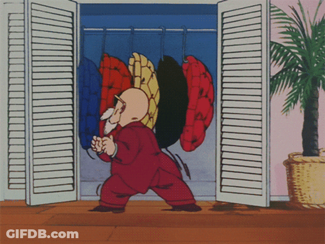 Master Roshi Choosing Turtle Shell From Closet GIF