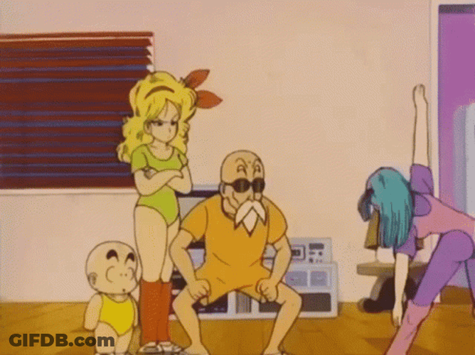 Master Roshi Exercising With Launch Bulma And Krillin GIF