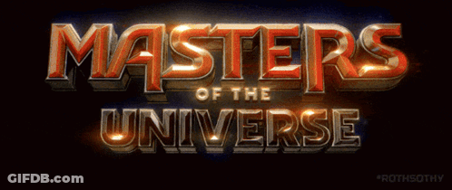 Masters Of The Universe Is Written In Red And Gold Letters GIF