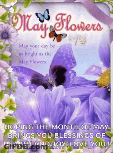 May Flowers Card With Purple Flowers And Butterflies GIF