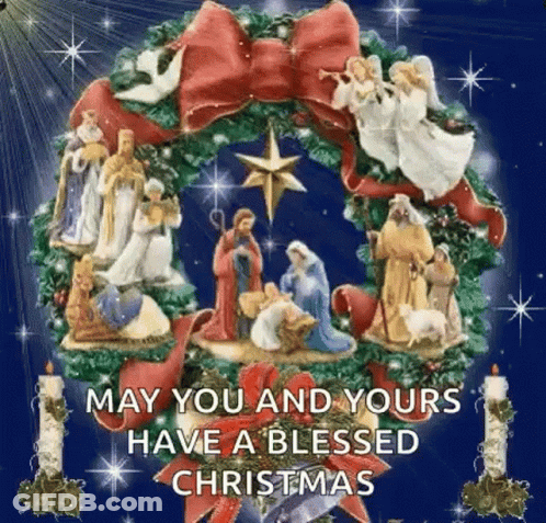 May You And Yours Have A Blessed Christmas With A Nativity Scene In A Wreath . GIF