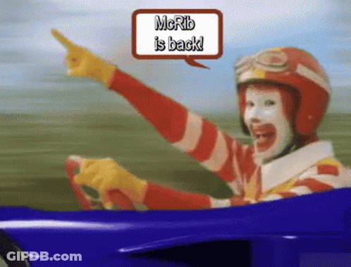 McDonald's Clown Driving Blue Car Pointing At McRib Is Back Sign GIF