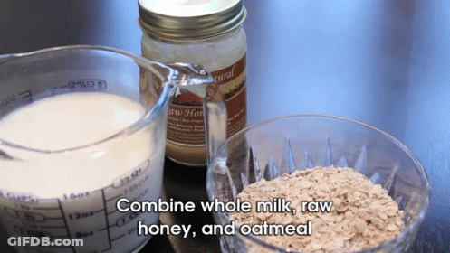 Measuring Cup Of Milk Next To Jar Of Honey And Oatmeal GIF