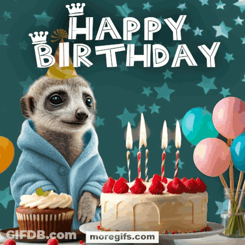 Meerkat In Robe And Hat Next To Birthday Cake GIF