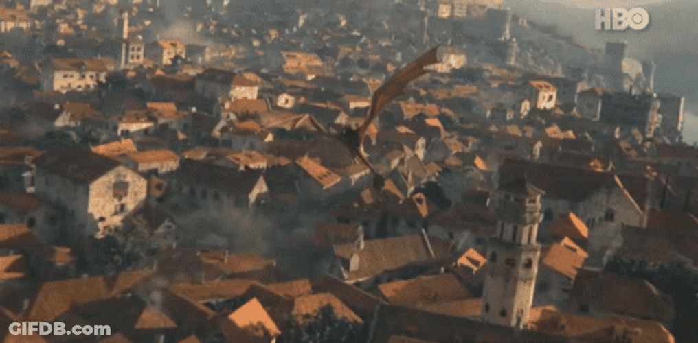 Meleys Red Dragon Flying Above City Skyline GIF