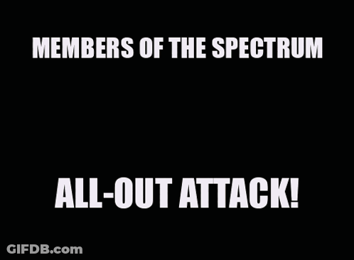 Members Of The Spectrum All-Out Attack Poster With Cartoon Characters On It GIF