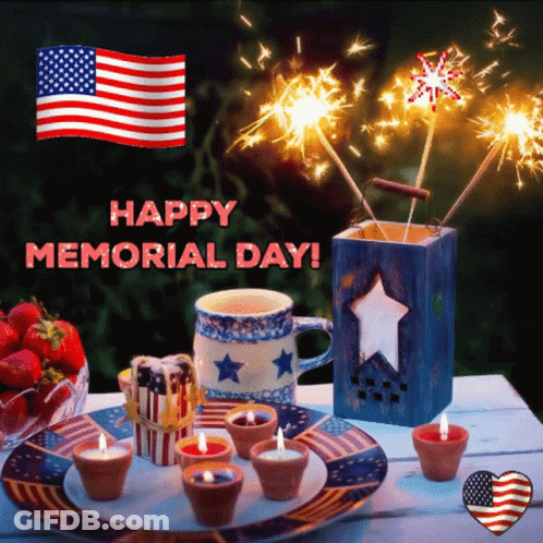Memorial Day Greeting Card With Candles And Fireworks GIF
