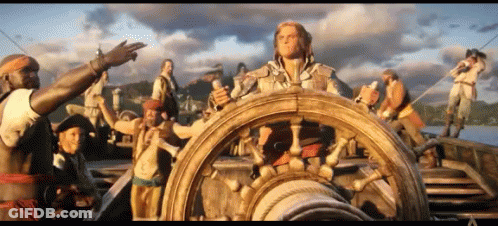 Men Around Large Boat Steering Wheel GIF