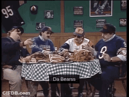 Men At Checkered Table Saying Da Bearss GIF