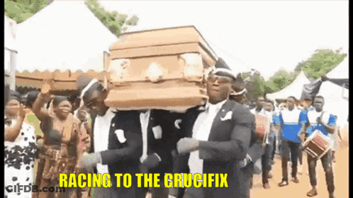 Men Carrying Coffin Dancing In Front Of Crowd GIF