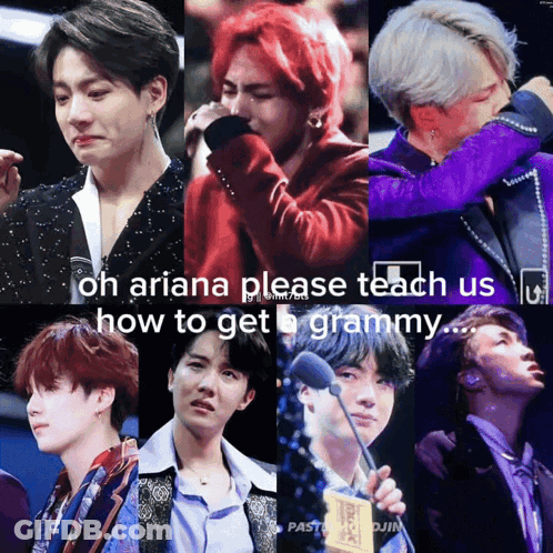 Men Collage Saying Oh Ariana Please Teach Us How To Get Grammy GIF