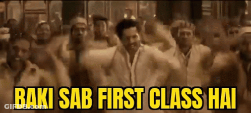 Men Dancing In Front Of Baki Sab First Class Hai Sign GIF