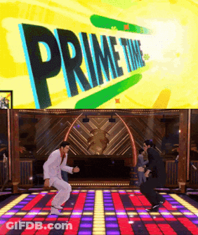 Men Dancing In Front Of Prime Time Sign GIF
