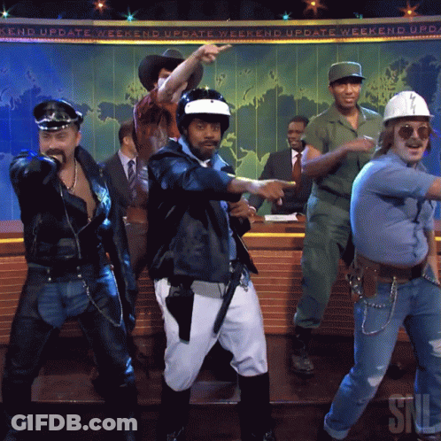 Men Dancing In Front Of Weekend Update Sign GIF