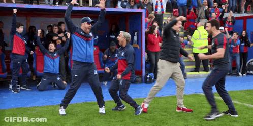 Men Dancing On Soccer Field While Crowd Watches GIF
