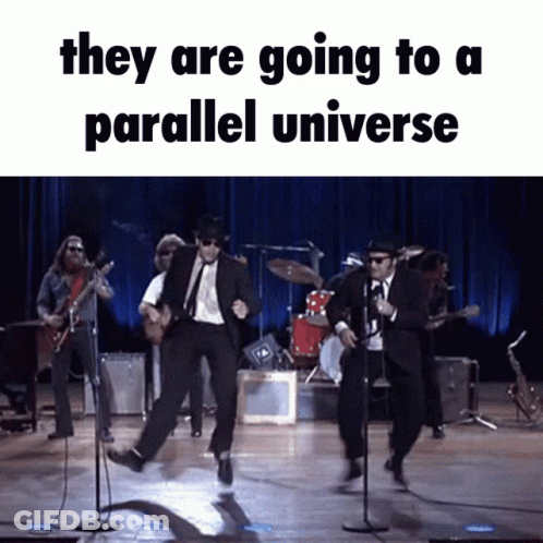 Men Dancing On Stage Saying They Are Going To A Parallel Universe GIF