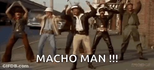 Men Dancing On Street Saying Macho Man GIF
