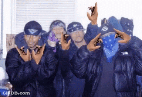 Men In Blue Jackets And Bandanas GIF