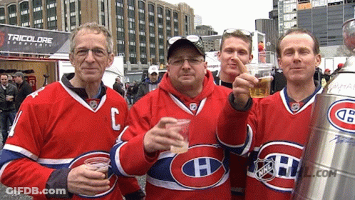 Men In Jerseys With H Holding Beer Cups GIF