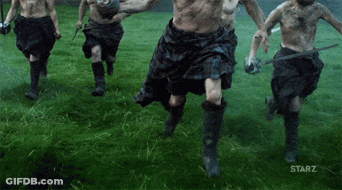 Men In Kilts Running In Field With Starz GIF