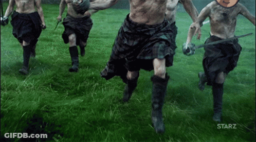 Men In Kilts Running In Grassy Field With Starz GIF
