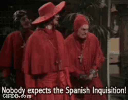 Men In Red Robes Saying Nobody Expects The Spanish Inquisition GIF